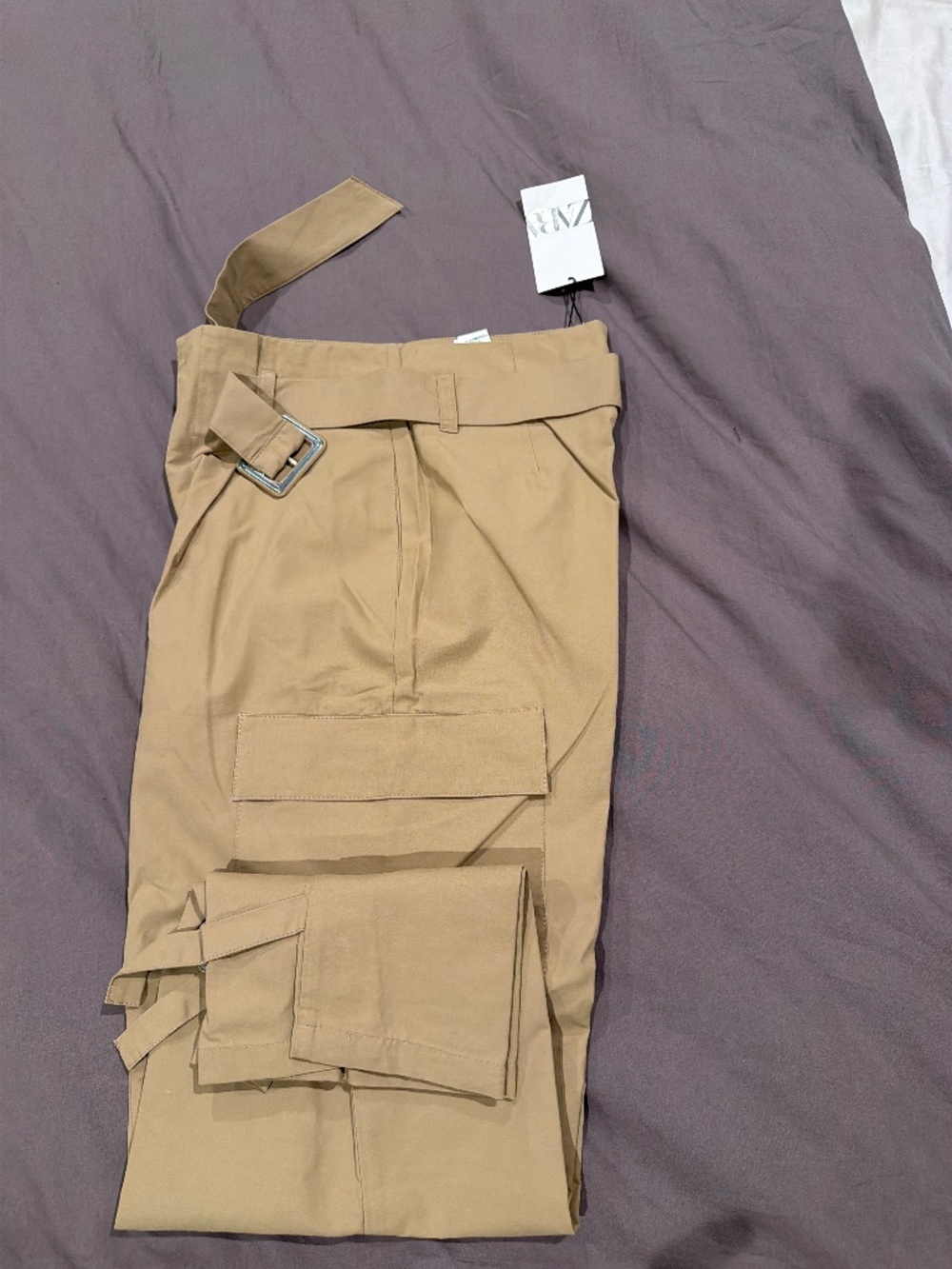 NWT Zara High-Waisted Belted Ankle Pants | Beige | Size Small